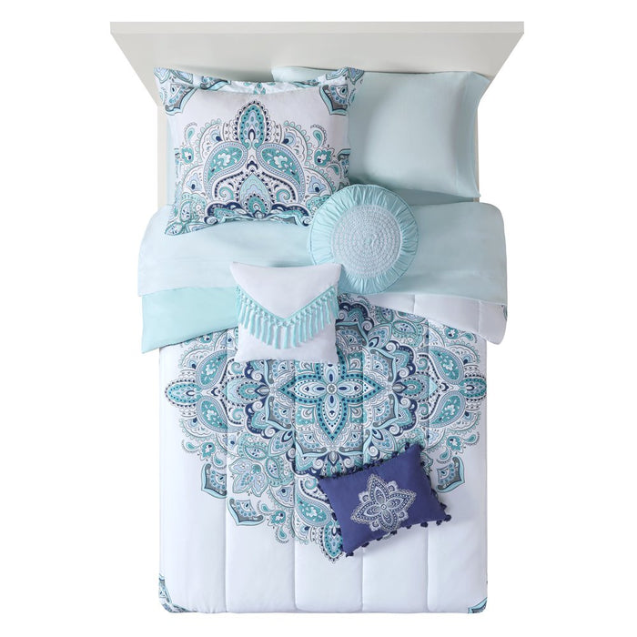 Mainstays Teal Medallion 10 Piece Bed in a Bag Comforter Set with Sheets, King