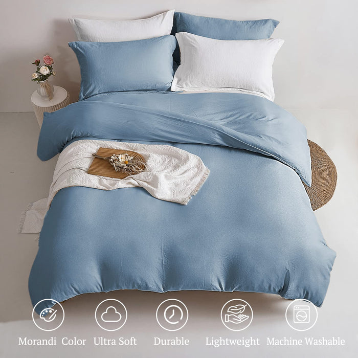 Duvet Cover Queen Size - Super Soft Haze Blue Duvet Cover Set 3 Piece 100% Washed Microfiber Bedding Set with Zipper Closure, 1 Duvet Cover 90X90 Inches and 2 Pillow Shams