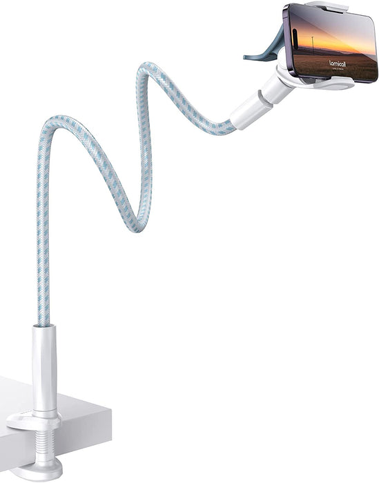 Gooseneck Phone Holder Bed - [Newest Nylon Braided] Flexible Arm, Overall Length 38Inch, 360 Adjustable Clamp Clip, Overhead Cell Phone Mount Stand for Bed, Desk, 4-7” Cellphone