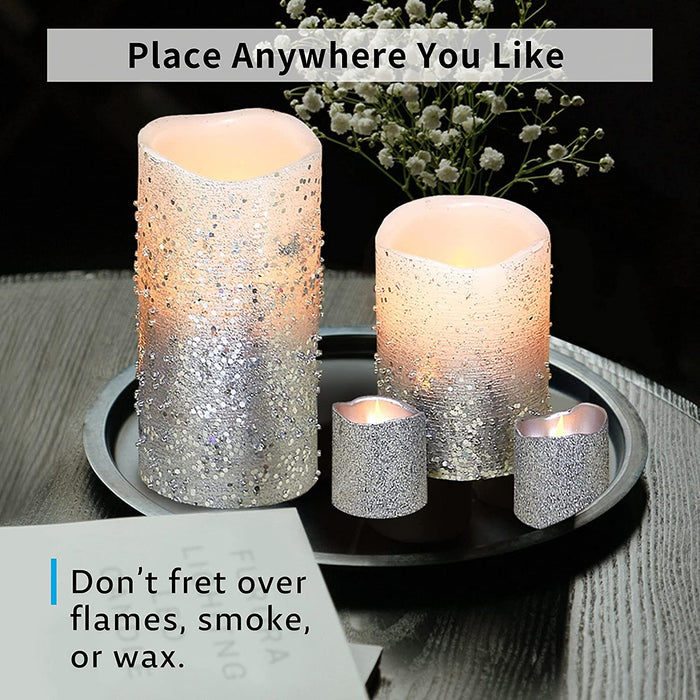 Furora LIGHTING LED Flameless Candles with Remote – Battery-Operated Flameless Candles Bulk Set of 8 Fake Candles – Small Flameless Candles & Christmas Centerpieces for Tables, Silver Glittery