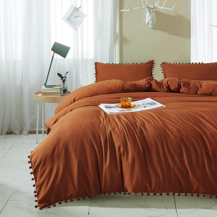 Burnt Orange Comforter Set Queen Size Pom Pom, 3 Piece Boho Bed Set, All Season Farmhouse Microfiber down Alternative Bedding Comforter (90X90) with 2 Pillow Shams