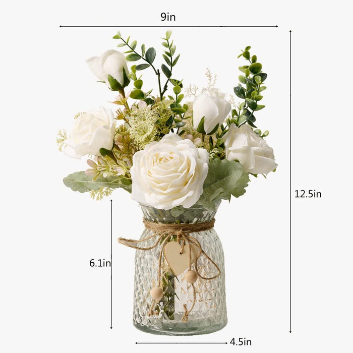 Fake Flowers with Vase, Silk Roses Artificial Flowers in Vase, Faux Flower Arrangement with Vase Suitable for Home Office Decoration, Dining Table Centerpiece(White)