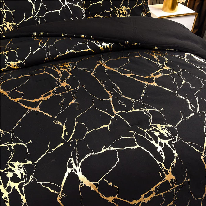 Gold Metallic Marble Comforter Set Queen Size Foil Print Glitter Bedding Sets,Black/Gold,Queen