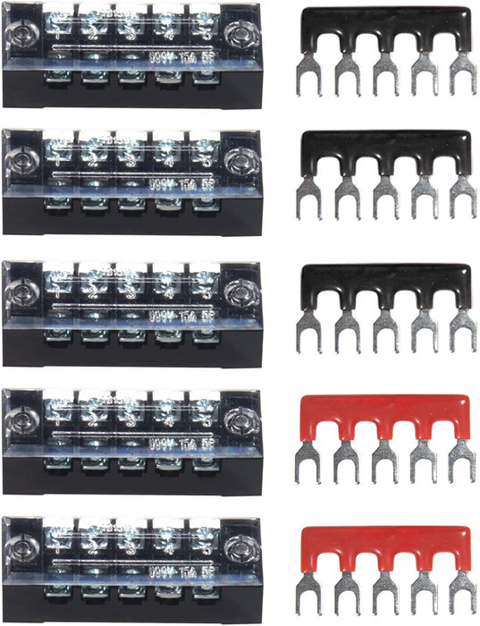Terminal Block and Strip - 12Pcs (6 Sets) 4 Positions Dual Row 600V 25A Screw Terminal Strip Blocks with Cover + 400V 25A 4 Positions Pre-Insulated Terminals Barrier Strip Black & Red