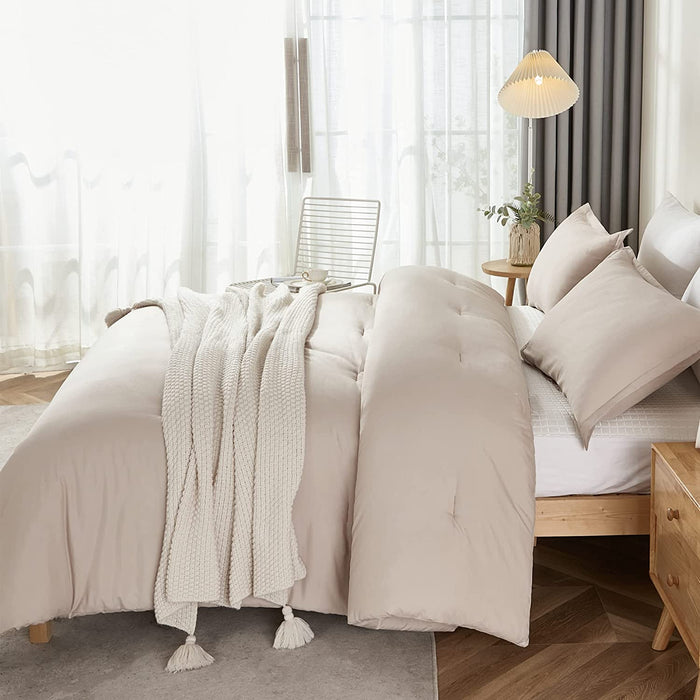 Khaki Comforter Set Full Size, 3 Pieces Farmhouse Solid Bedding Set & Collections, Taupe Bed Set (79X90In Comforter & 2 Pillowcases)