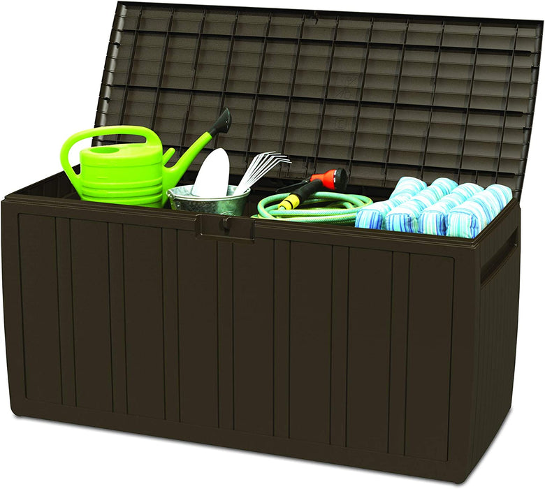 Plastic 71 Gallon Outdoor Backyard Storage Bin Deck Box for Patio Furniture Cushions, Tools, Toys, and Pool Accessories, Brown