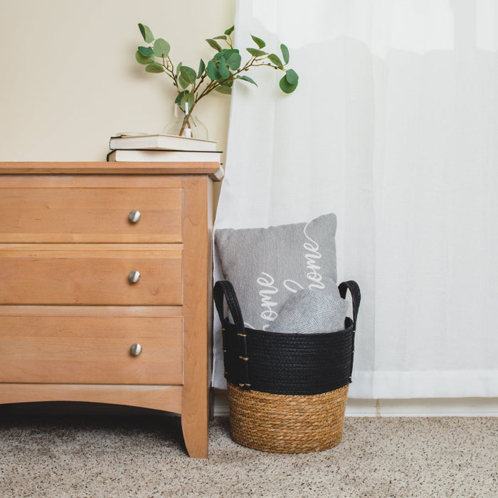 Set of 2 Natural round Storage Basket, Braided Seagrass & Paper Rope (MD+SM), Natural & Black