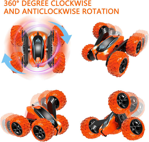 Remote Control Car, 2.4Ghz Electric Race Stunt Car, Double Sided 360° Rolling Rotating Rotation, LED Headlights RC 4WD High Speed off Road Gift for 3 4 5 6 7 8-12 Year Old Boy Toys (Orange)