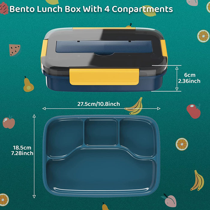 Bento Box Adult Lunch Box, 1200 ML Lunch Box Containers for Kids Childrens with Spoon & Fork, 4 Compartments Portable Food Container with Utensil