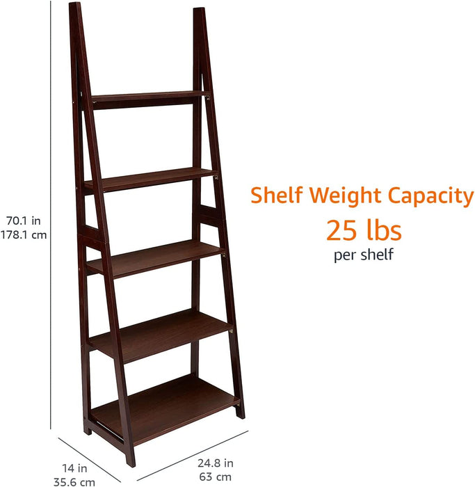 Modern 5-Tier Ladder Bookshelf Organizer, Solid Rubberwood Frame - Espresso Finish