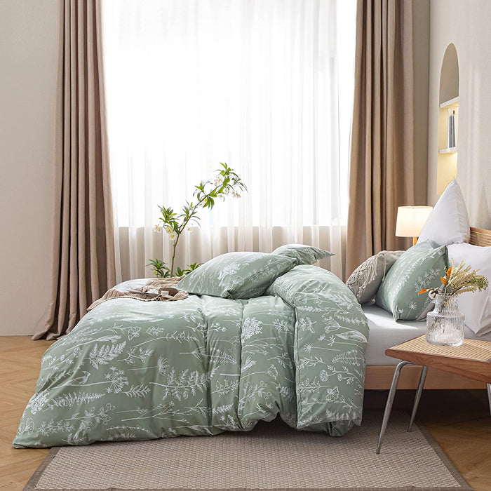 Queen Comforter Set Sage Green Comforter,3 PCS Bedding Sets Floral Comforter Set Plant Flowers Printed on Fluffy Comforter Set for All Season