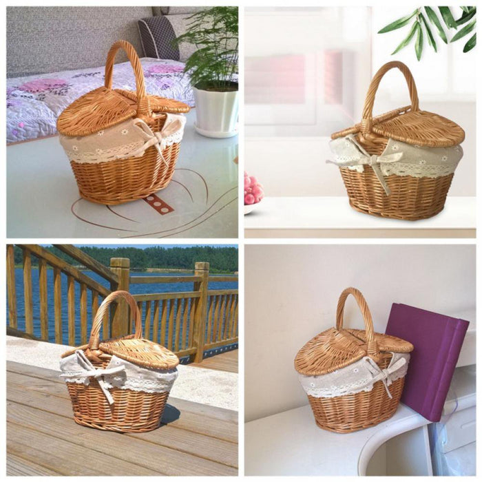 Handmade Woven Rattan Basket with Handle and Double Lids Camping Piic Food Storage Container Organizer