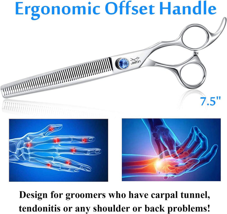 7.5" 56-Tooth Blending Dogs Grooming Scissors Cats Thinning Shears Pets Blender Thinner Trimming Texturizing Kit with Offset Handle Blue Jewelled Screw (7.5 Inch)