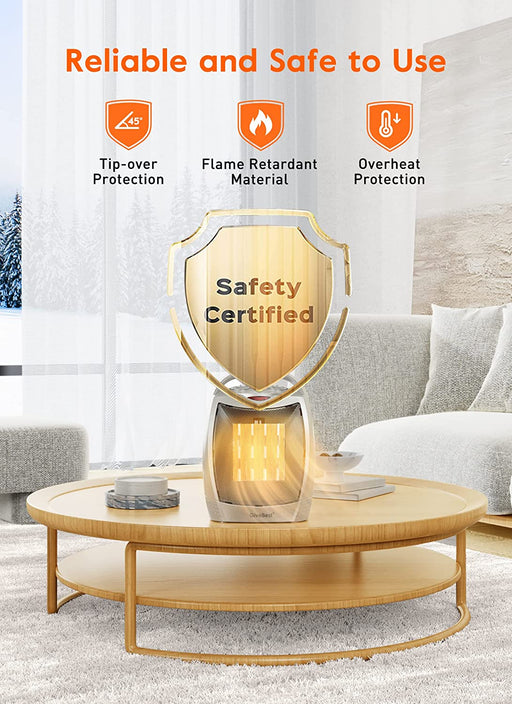 Portable Electric Space Heater with Thermostat, 1500W/750W Safe and Quiet Ceramic Heater Fan, Heat up 200 Square Feet for Office Room Desk Indoor Use, Silver