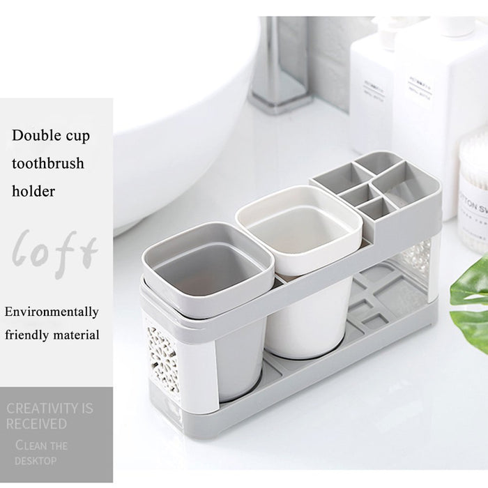 Toothbrush Toothpaste Stand Holder with 2 Cups Bathroom Storage Organizer Plastic White