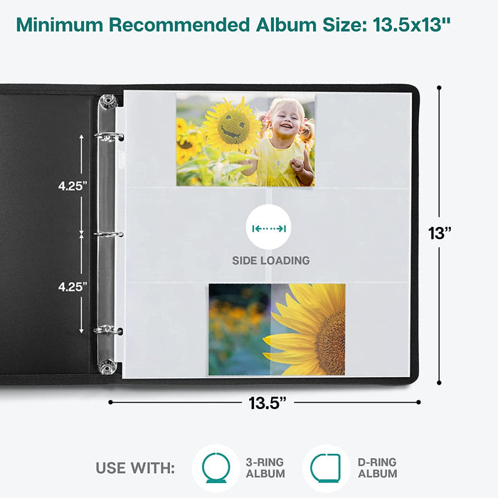 Photo Album Refill Pages 12X12 - (4X6 Landscape, 25 Pack) Holds 300 4X6" Photos, 4X6 Photo Sleeves for 3 Ring Binder, D-Ring Scrapbook Album 12X12, Archival Quality Page Protectors 12X12