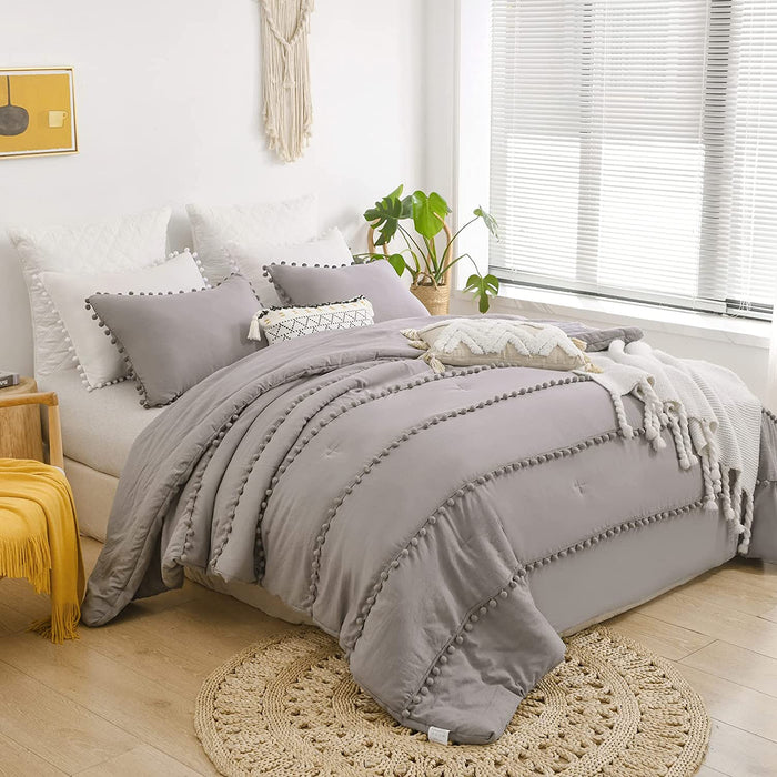 Grey King Size Comforter Set,Boho Pom Pom Aesthetic Bedding Sets, Lightweight Soft Boho Comforters King Bed Sets 3 Pieces