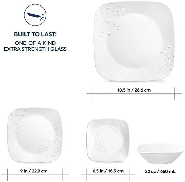Cherish 16Pc, Service for 4, Dinnerware Set, 8 Plates 8 Bowls, Chip & Break Resistant, Dinner Plates and Dinner Bowls, ware Plates, White