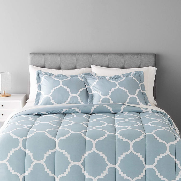 7-Piece Lightweight Microfiber Bed-In-A-Bag Comforter Bedding Set - Full/Queen, Dusty Blue Trellis