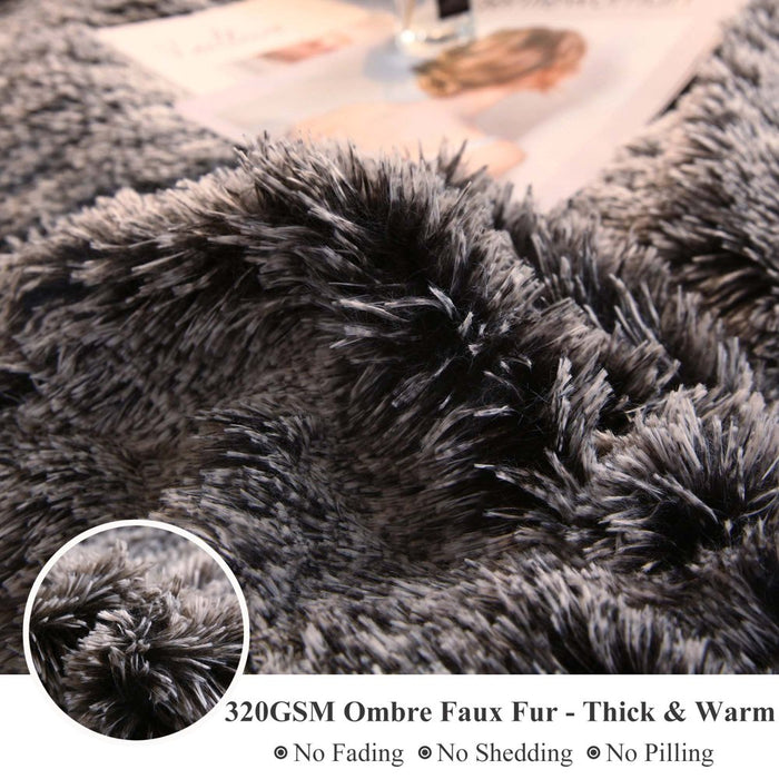 3 Piece Faux Fur Duvet Cover Set, Luxury Long Plush Fuzzy Comforter Cover Set, Ultra Soft Velvet Furry Bedding Set with 2 Pillow Covers, Zipper Closure, Queen Size, Black Ombre