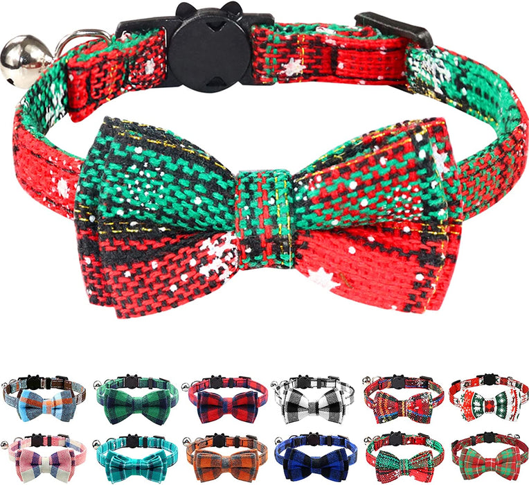 Breakaway Cat Collar with Cute Bow Tie and Bell, Plaid Patterns, 1 Pack Girl Boy Kitty Safety Collars, Blue
