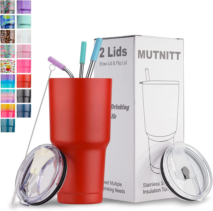 30 Oz Tumbler with Lids and Straws,18/8 Stainless Steel Vacuum Insulated Coffee Tumbler,Insulated Travel Mug Water Cup with Leak-Proof Straw Lid & Flip Lid,3 Metal Straws,1 Cleaning Brush & Gift Box