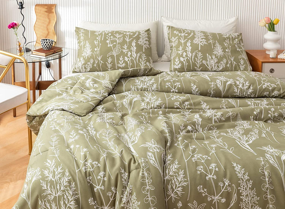 Queen Comforter Sets Olive Green Comforter,3 PCS Bedding Sets Floral Comforter Set Plant Flowers Printed on Green Comforter Set