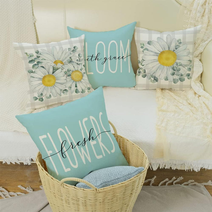 Pillow Covers 18X18 Set of 4 Beige Bufflo Plaid Daisy Eucalyptus Leaves Decorative Blue Throw Pillow Covers Bloom with Grace Pillowcase Spring Summer Decorations Farmhouse Decor