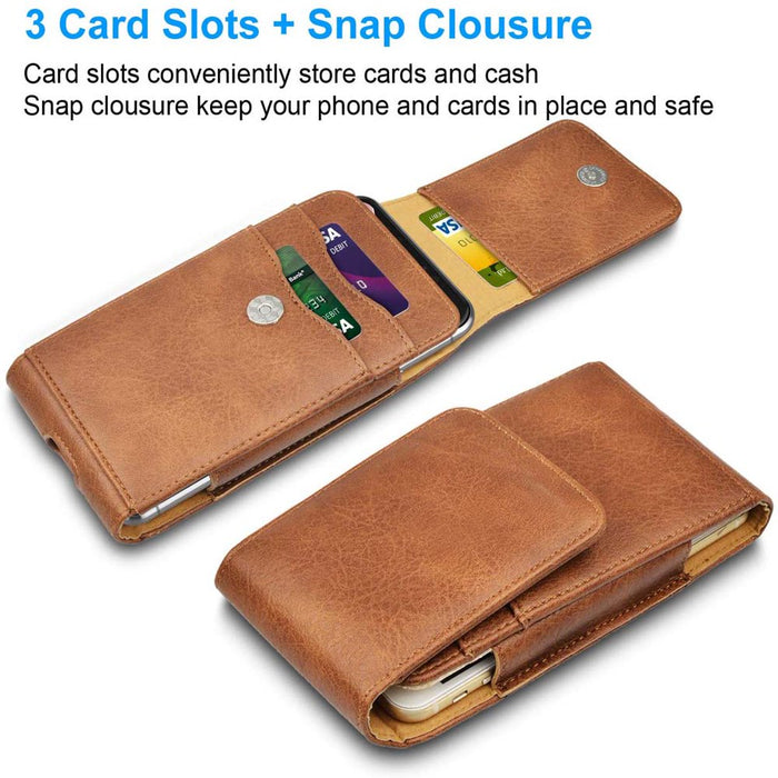 Universal Cell Phone Belt Holster Case,  Vertical Leather Belt Clip Pouch Hybrid Carrying Case W/ Snap on Cover for Cellphone up to 6.7" -Brown