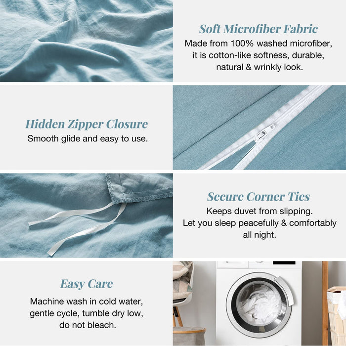 Duvet Cover Queen Size - Super Soft Grayish Blue Duvet Cover Set 3 Piece 100% Washed Microfiber Bedding Set with Zipper Closure, 1 Comforter Cover 90X90 Inches and 2 Pillow Shams