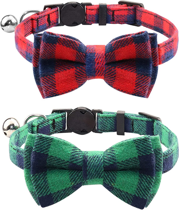 Breakaway Cat Collar with Cute Bow Tie and Bell, Plaid Patterns, 1 Pack Girl Boy Kitty Safety Collars, Blue