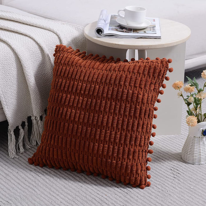 2 Packs Rust Decorative Throw Pillow Covers 18X18 Inch with Pom-Poms for Couch Bed Living Room, Farmhouse Boho Home Decor, Terracotta Soft Corduroy Cute Square Cushion Case 45X45 Cm