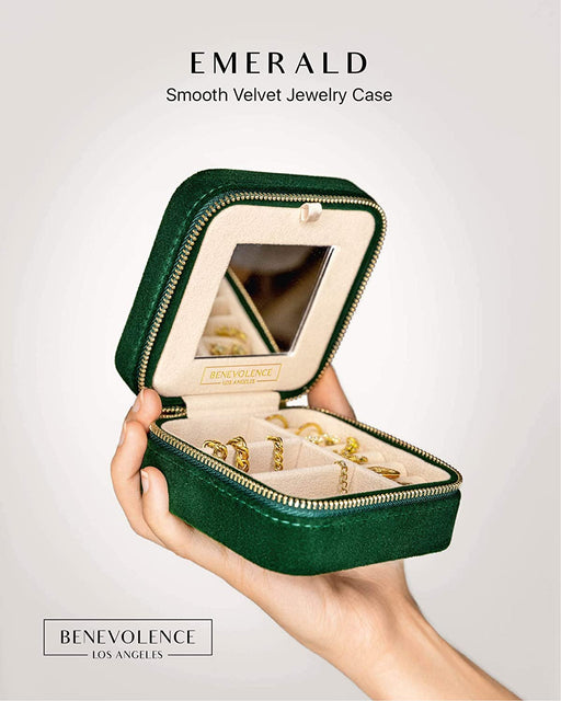 Plush Velvet Travel Jewelry Organizer Box | Travel Jewelry Case Small Jewelry Boxes for Women | Jewelry Travel Organizer, Jewelry Travel Case for Women | Earring Organizer with Mirror - Emerald Velvet