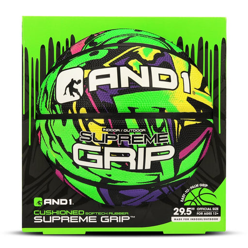 AND1 Supreme Grip Spongetech Rubber Basketball- Regulation Size Streetball (29.5"), Made for Indoor and Outdoor Basketball Games (Green/Purple)