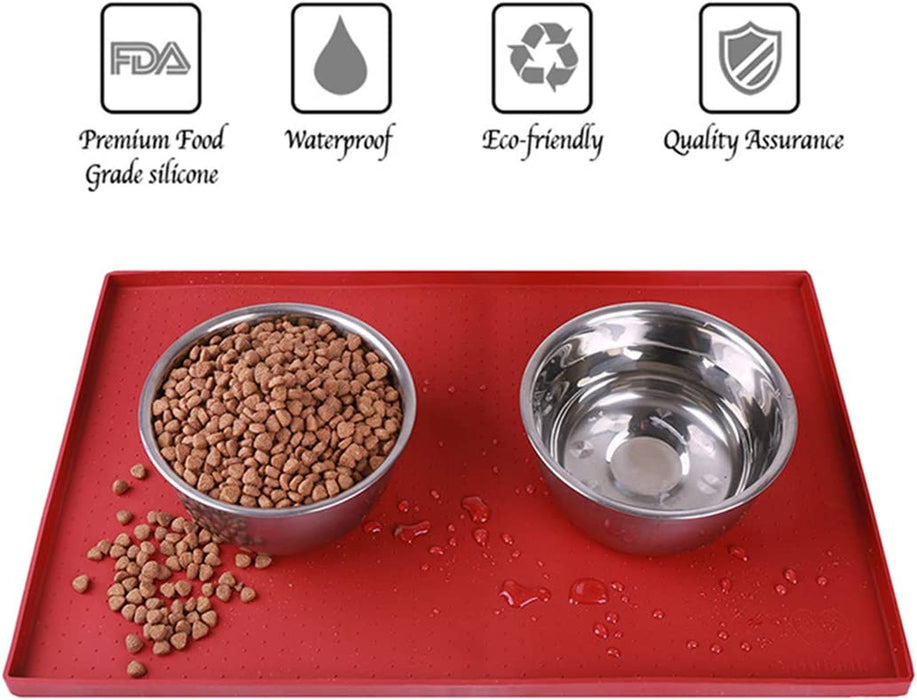 Dog Feeding Mat,Silicone Pet Food and Water Bowl Placemat,Dishwasher, High Raised Edge to Prevent Spills,Nonslip Waterproof Tray to Stop Messes on Floor (19"X12"X0.5", Red)