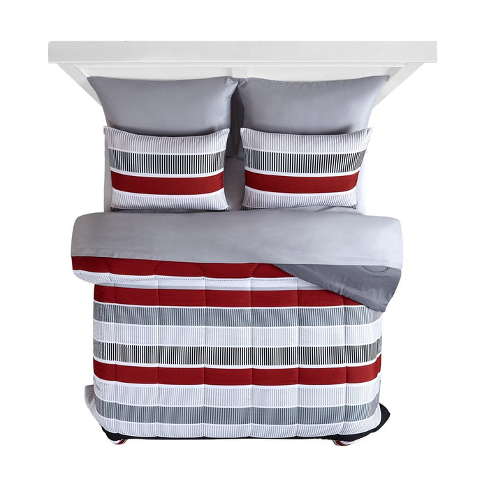 Mainstays Red and Gray Stripe 8 Piece Bed in a Bag Comforter Set with Sheets, King