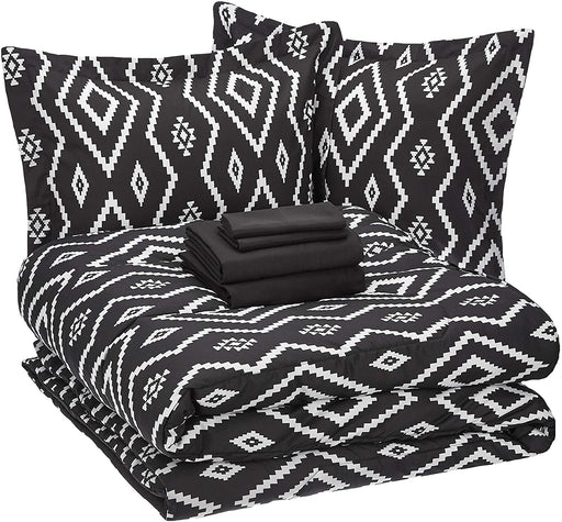 7-Piece Lightweight Microfiber Bed-In-A-Bag Comforter Bedding Set - Full/Queen, Black Aztec