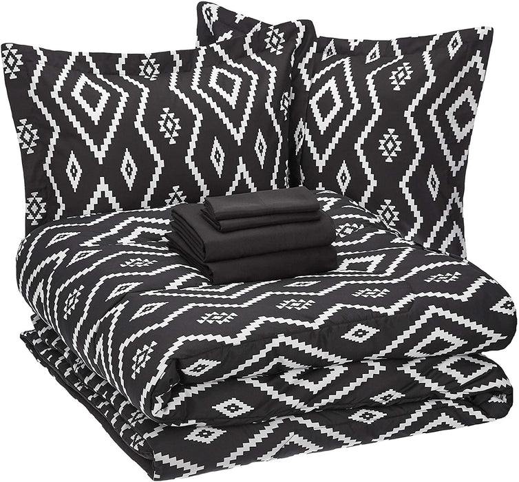 7-Piece Lightweight Microfiber Bed-In-A-Bag Comforter Bedding Set - Full/Queen, Black Aztec