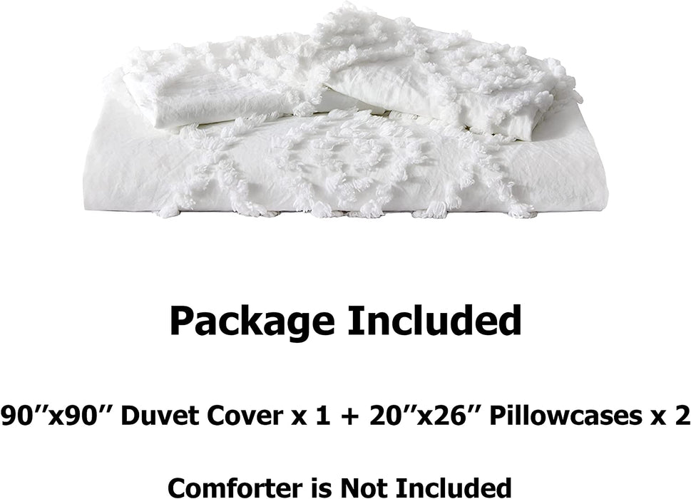 Oli Anderson Tufted Duvet Cover Queen Size, Soft and Lightweight Duvet Covers Set for All Seasons, 3 Pieces Boho Embroidery Shabby Chic Bedding Set (White, Queen, 90’’ X 90’’)