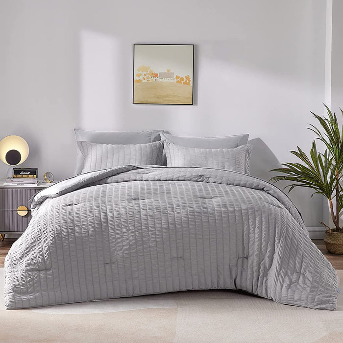 Cozylux Queen Bed in a Bag Light Grey Seersucker Textured Comforter Set with Sheets 7-Pieces All Season Bedding Sets with Comforter, Pillow Sham, Flat Sheet, Fitted Sheet and Pillowcase