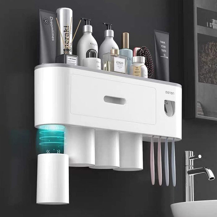 Toothbrush Holder Wall Mounted Automatic Toothpaste Dispenser Squeezer Kit,Toothbrush Holder with Toothpaste Dispenser, 4 Toothbrush Slots,3 Cups