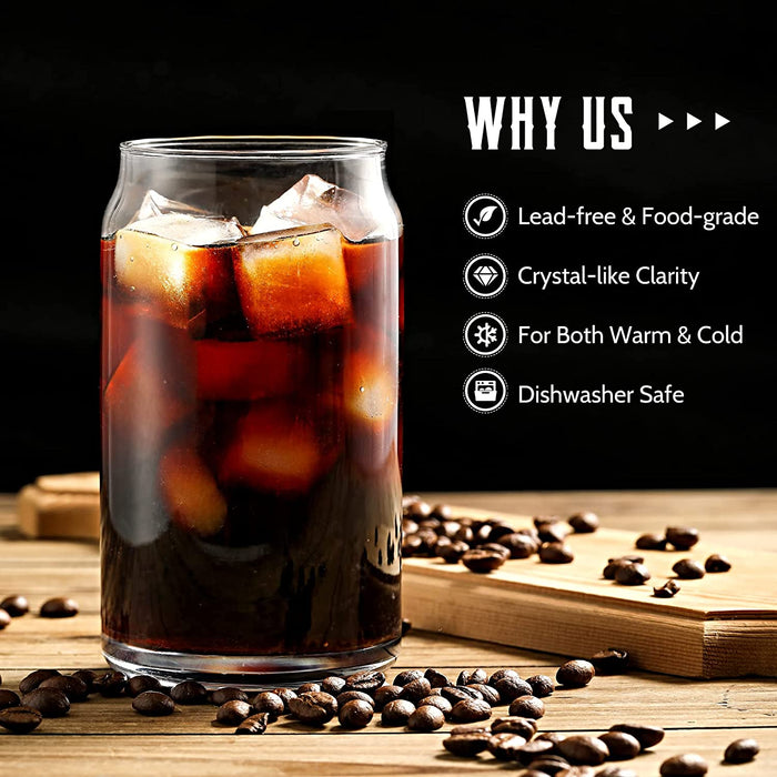 [ 6Pcs Set ] Glass Cups with Bamboo Lids and Glass Straw - Beer Can Shaped Drinking Glasses, 16 Oz Iced Coffee Glasses, Cute Tumbler Cup for Smoothie, Boba Tea, Whiskey, Water - 2 Cleaning Brushes