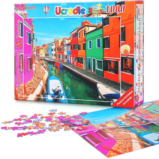 1000 Piece Puzzle for Adults, Anti-Glare Surface Vibrant Colors, Extra-Thick Blue Cardboard Jigsaw Puzzle for Adults and Kids 27.6"X 19.7" Colorful Venetian Houses