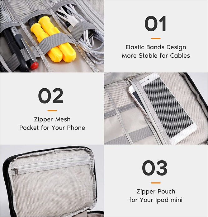Electronics Organizer,  Electronic Accessories Bag Travel Cable Organizer Three-Layer for Ipad Mini, Kindle, Hard Drives, Cables, Chargers (Three-Layer-Black)