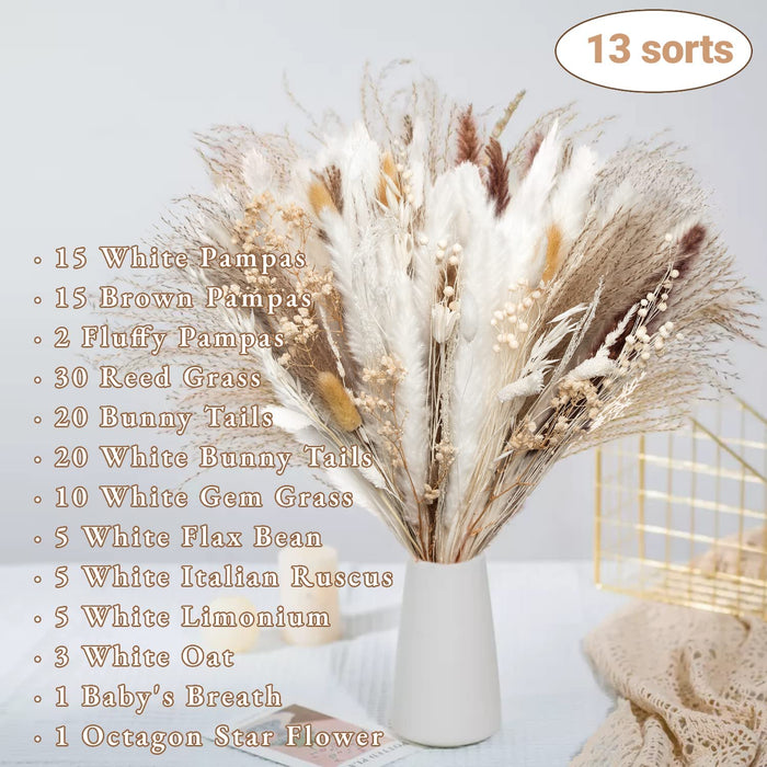 120 Pcs Dried Pampas Grass Dried Flowers Bouquet Natural Pampas Grass Decor White & Brown Pompous Grass Bunny Tails Reed for Farmhouse Rustic Party Wedding Boho Home Decorations, 17.5''