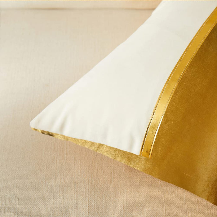 4 Packs Gold Decorative Throw Pillow Covers 18X18 Inch for Living Room Couch Bed Sofa, Gold and White Velvet Patchwork with Gold Leather, Luxury Home Decor Square Cushion Case 45X45 Cm