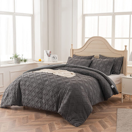 Queen Size Comforter Set Diamond Tufted Design, Lightweight Microfiber Bedding Set, Soft and Fluffy Bed Comforter for All Seasons, Dark Grey