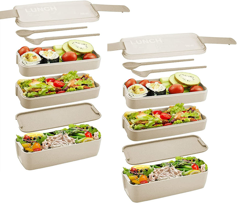 Bento Box Lunch Box for Adults Kids,  3-In-1 Compartment Containers - Wheat Straw, Leakproof Eco-Friendly Bento Lunch Box Meal Prep Containers Microwave Safe (Beige)