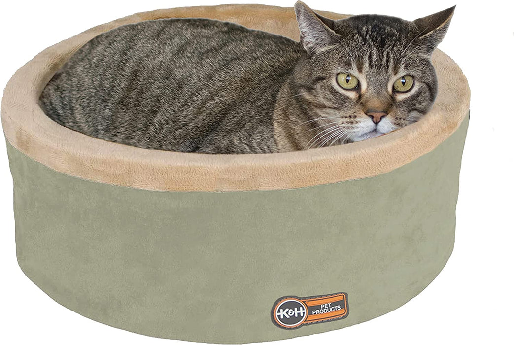 K&H PET PRODUCTS Thermo-Kitty, Heated Cat Bed Large 20 Inches Sage/Tan