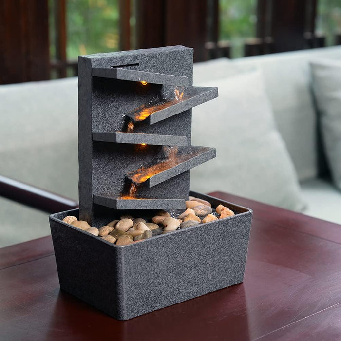 Kalona Indoor Relaxation Tabletop Fountain with Reflective Lighting and River Rocks Meditation Ladder Water Fountain Peaceful Fountains Home/Office Decor(K18036G)